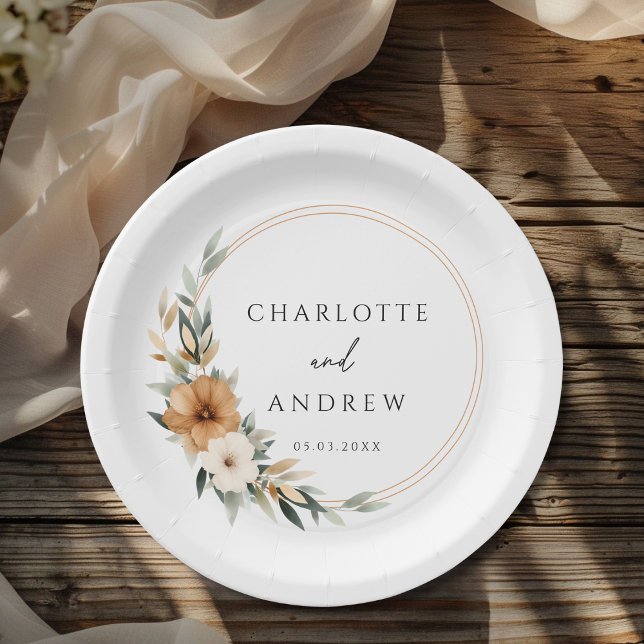 Prato De Papel Elegant  Copper Earthy Botanical Wedding  (Elegant Monogram Copper Earthy Botanical Wedding Paper Plates)