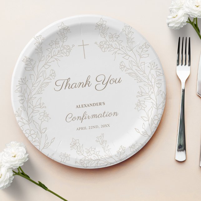 Prato De Papel Elegant Floral Cross Confirmation Thank You (Criador carregado)