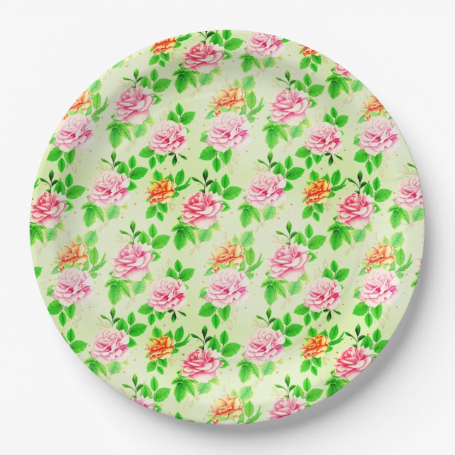 Prato De Papel Elegant Floral Roses Green Leaves Pattern-23675 (Frente)