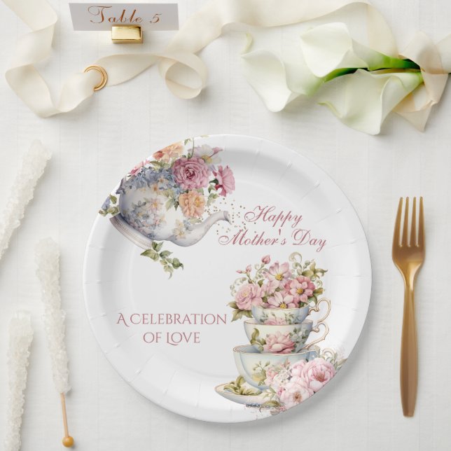 Prato De Papel Elegant Floral Tea Party Happy Mother's Day (Casamento)