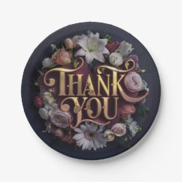Prato De Papel Elegant Floral “Thank You” Gold Lettering Design