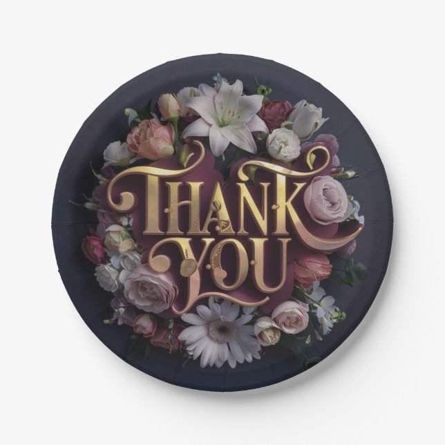 Prato De Papel Elegant Floral “Thank You” Gold Lettering Design (Frente)