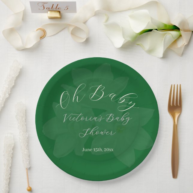 Prato De Papel Elegant Forest & Sage Green "Oh Baby" Name Shower  (Casamento)