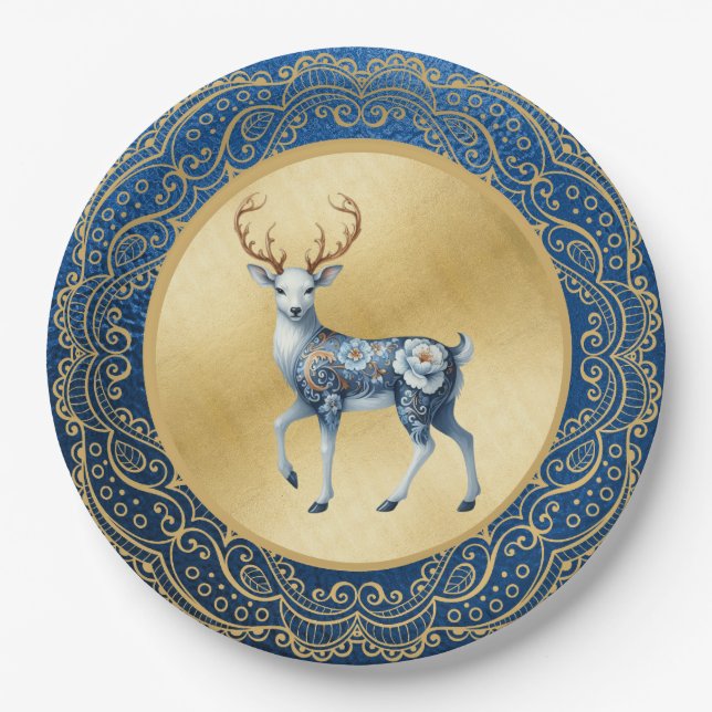 Prato De Papel Elegant Gold and Blue Plates (Frente)