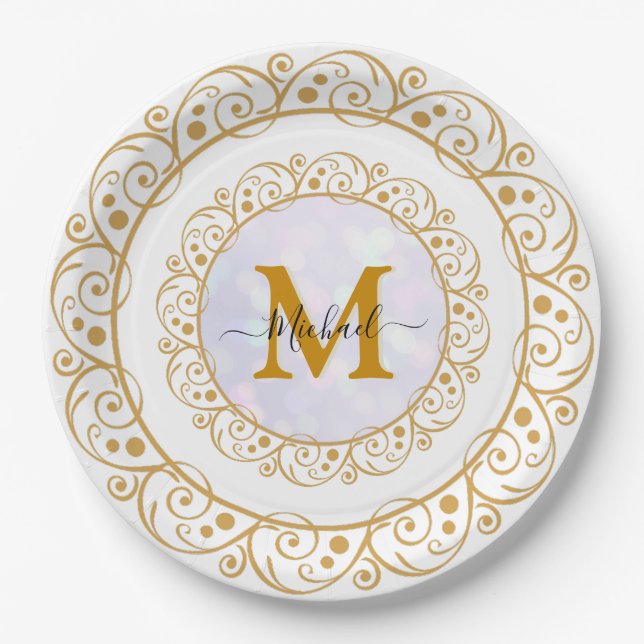 Prato De Papel Elegant Gold Glitter Initial & Name (Frente)