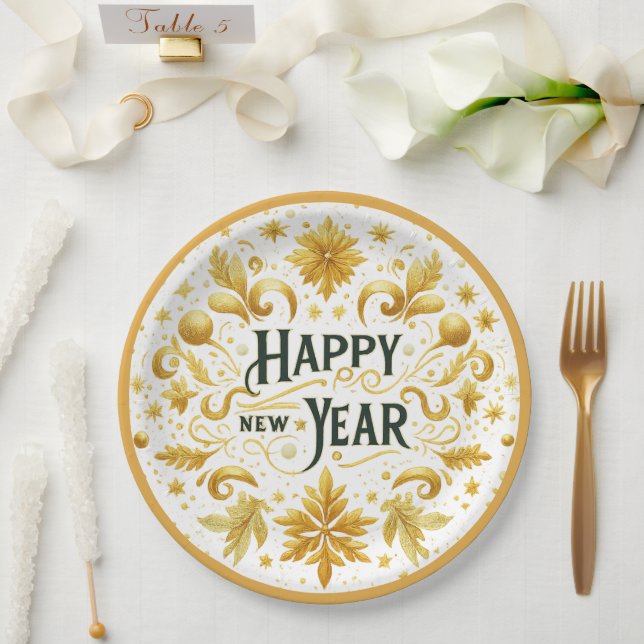 Prato De Papel Elegant Gold Happy New Year  Paper Plate (Casamento)