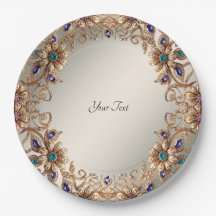 Elegant Gold Jewel Flowers Paper Plate
