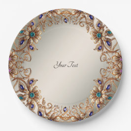 Prato De Papel Elegant Gold Jewel Flowers Paper Plate