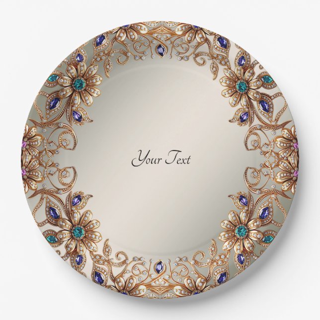 Prato De Papel Elegant Gold Jewel Flowers Paper Plate (Frente)
