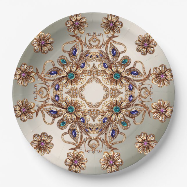 Prato De Papel Elegant Gold Jewel Flowers Paper Plate (Frente)