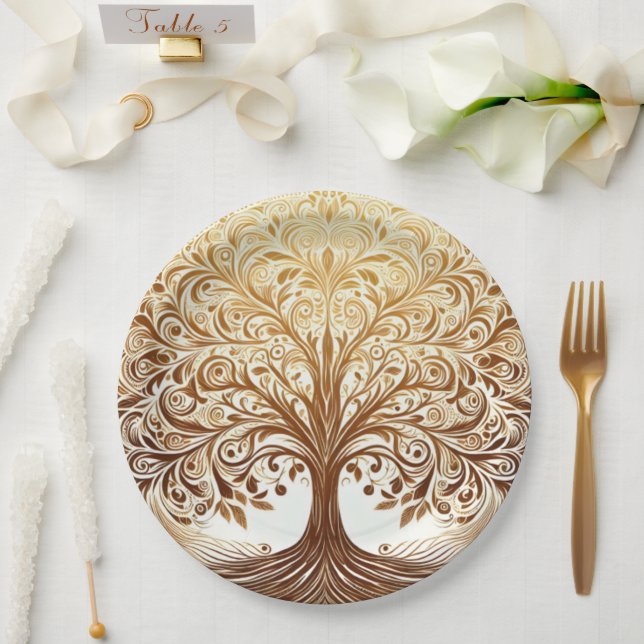 Prato De Papel Elegant Gold Tree of Life Celebration (Casamento)