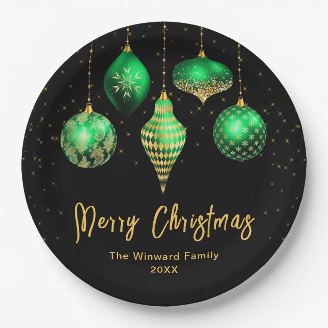 Prato De Papel Elegant Green and Gold Ornament Christmas (Frente)