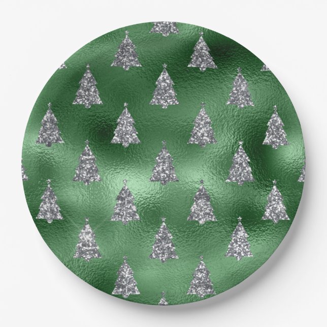 Prato De Papel Elegant Green & Faux Silver Trees Christmas  (Frente)