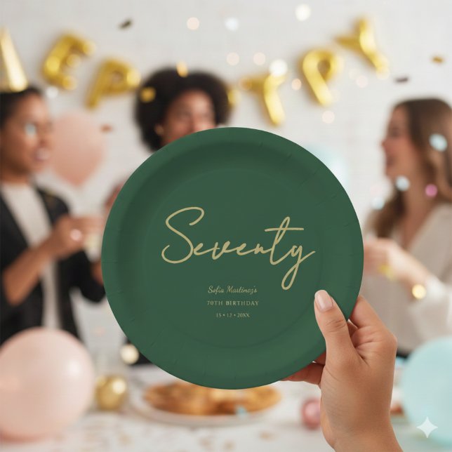 Prato De Papel Elegant Green Gold Seventy Birthday Paper Plate (Criador carregado)