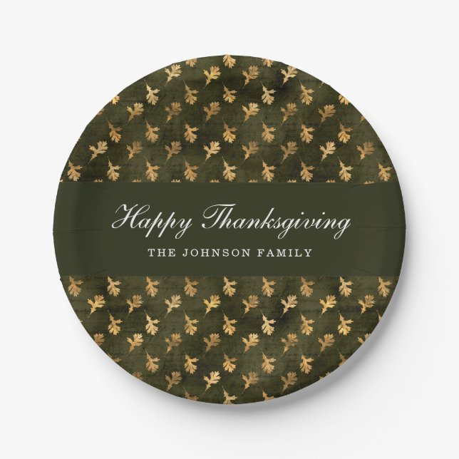 Prato De Papel Elegant Green Leaves Thanksgiving (Frente)