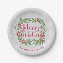 Prato De Papel Elegant Holly Wreath Snowflakes Merry Christmas