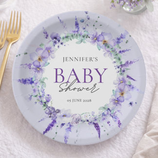 Prato De Papel Elegant Lavender Floral Baby Shower Watercolor