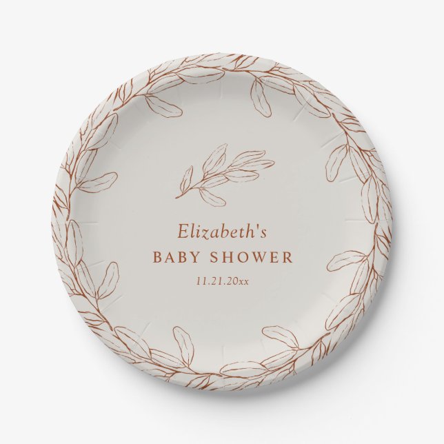 Prato De Papel Elegant Line Art Botanical Baby Shower (Frente)