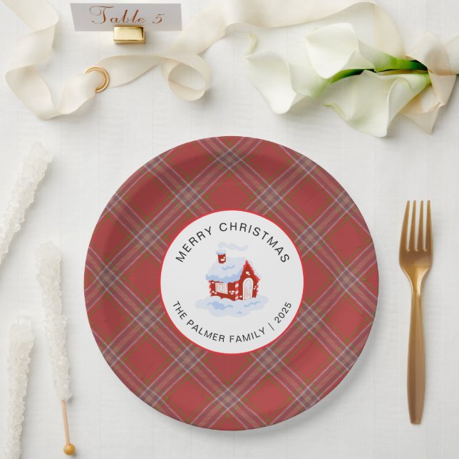 Prato De Papel Elegant Modern Tartan Plaid Christmas Family (Casamento)