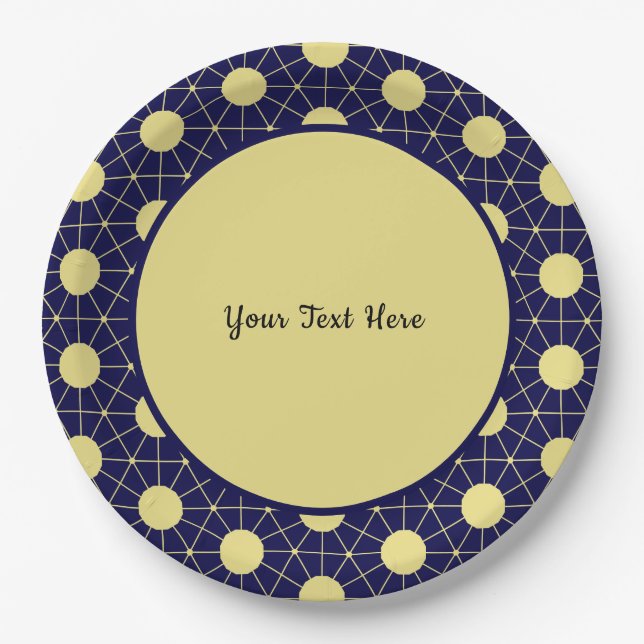 Prato De Papel Elegant Navy and Gold Geometric Tile Pattern (Frente)