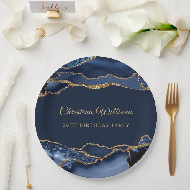 Prato De Papel Elegant Navy Blue & Gold Birthday Party Decoration (Casamento)