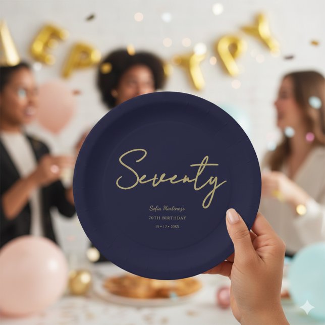 Prato De Papel Elegant Navy Gold Seventy Birthday Paper Plate (Criador carregado)