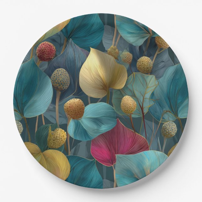 Prato De Papel Elegant Pattern of Stylized Teal and Gold Leaves (Frente)