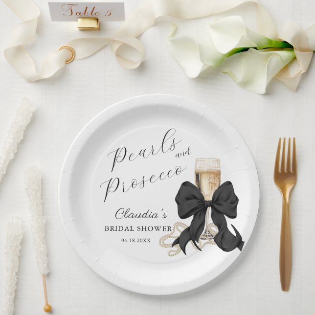 Prato De Papel Elegant Pearls & Prosecco Black Bow Bridal Shower  (Casamento)