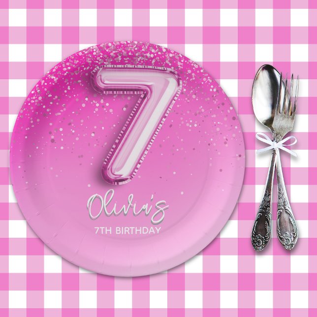 Prato De Papel Elegant Pink Balloon Numbers 7th Birthday for Girl (Criador carregado)