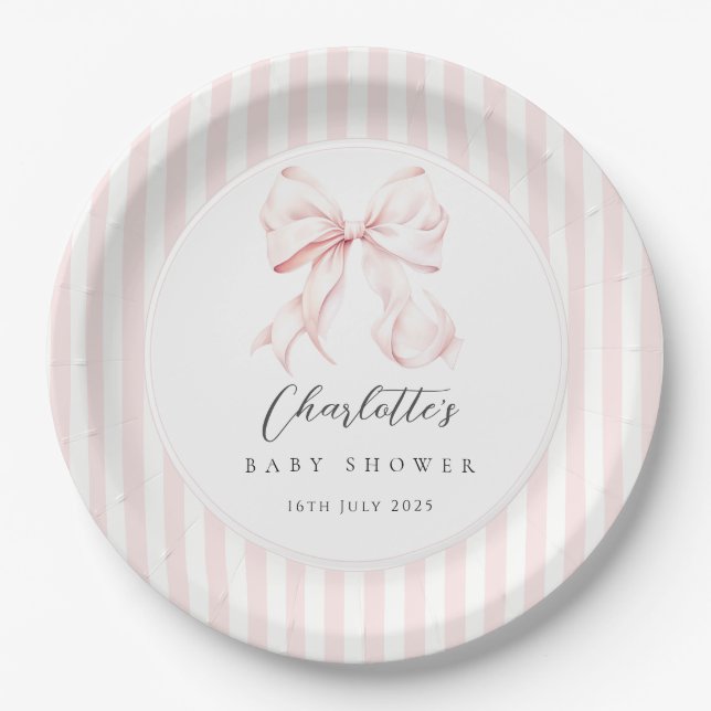 Prato De Papel Elegant Pink Bow Baby Shower (Frente)