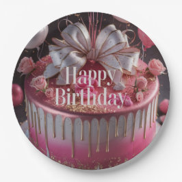 Prato De Papel Elegant Pink & Gold Birthday Cake Design