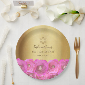 Prato De Papel Elegant Pink Rose Floral Gold Bat Mitzvah