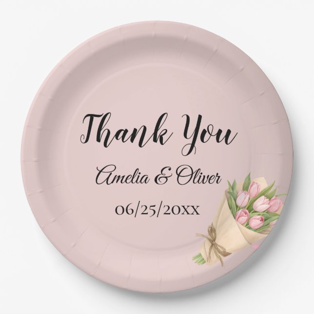 Prato De Papel Elegant Pink Tulips Bouquet Wedding (Frente)