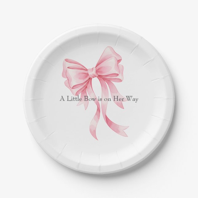 Prato De Papel Elegant Pink Watercolor Bow Baby Shower  (Frente)