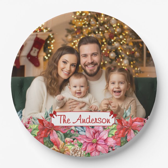 Prato De Papel Elegant Poinsettia Floral Border Custom  (Frente)