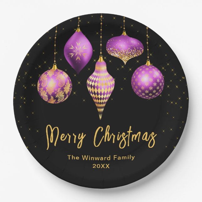 Prato De Papel Elegant Purple and Gold Ornament Christmas (Frente)