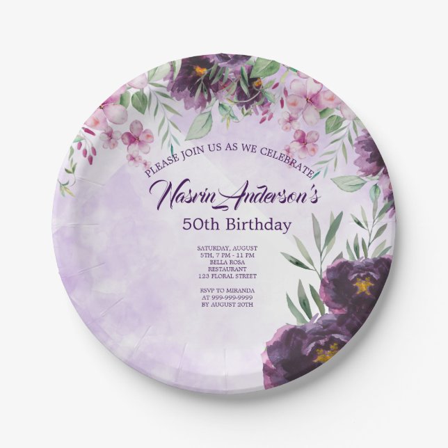 Prato De Papel Elegant Purple Floral Birthday Invitation (Frente)