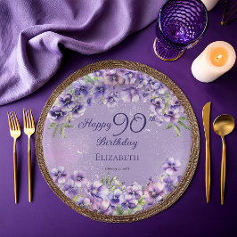 Prato De Papel Elegant Purple Violets Floral Happy 90th Birthday
