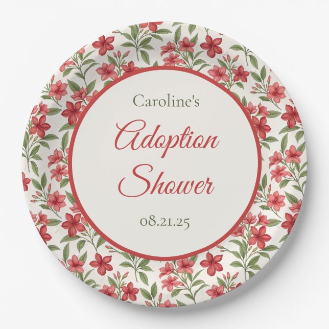 Prato De Papel Elegant Red Floral Botanical Adoption Shower (Frente)