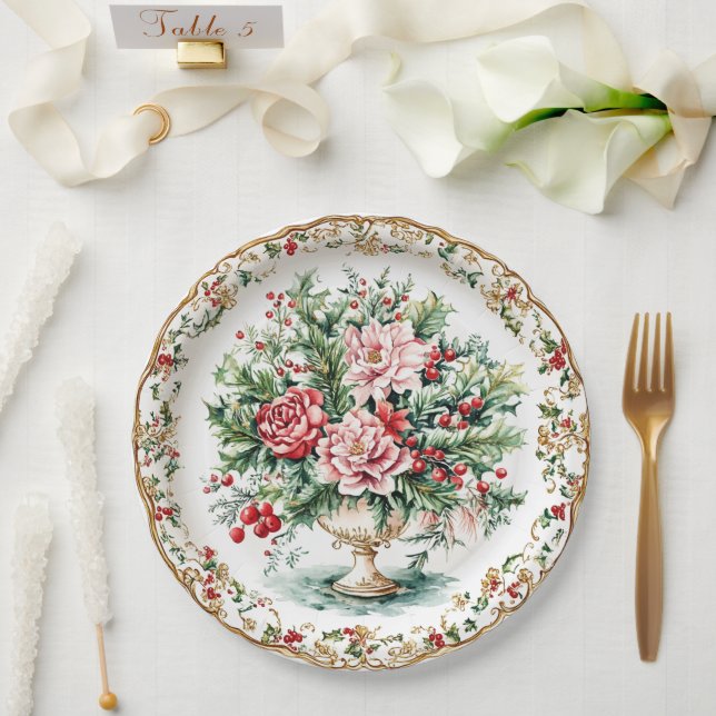 Prato De Papel Elegant Rococo Floral and Foliage Holiday Dining  (Casamento)