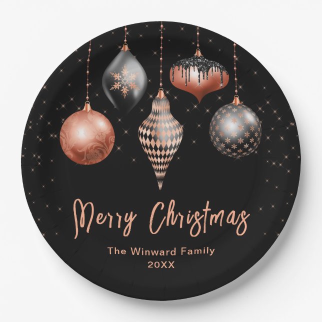 Prato De Papel Elegant Rose Gold and Black Ornament Christmas (Frente)