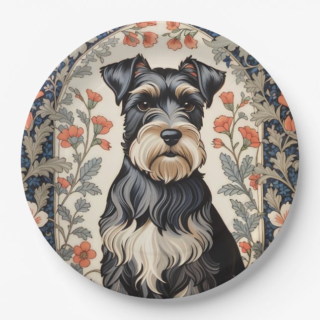 Prato De Papel Elegant Schnauzer William Morris Inspired Floral (Frente)