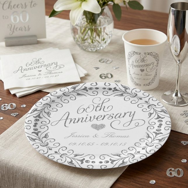 Prato De Papel Elegant Script 60º Aniversário de Casamento Diaman (Criador carregado)