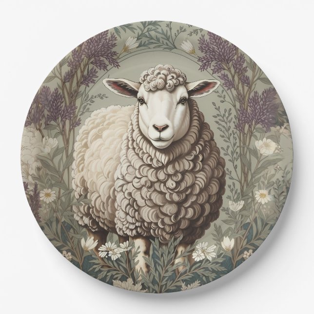 Prato De Papel Elegant Sheep Lavender Flower Background (Frente)