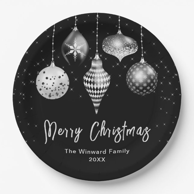 Prato De Papel Elegant Silver and Black Ornament Christmas (Frente)