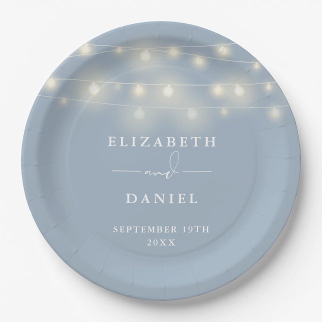 Prato De Papel Elegant String Lights Dusty Blue Wedding (Frente)