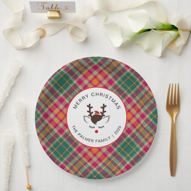 Prato De Papel Elegant Tartan Plaid & Reindeer Christmas Family (Casamento)