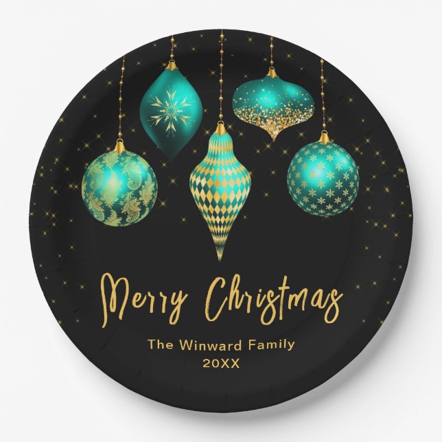 Prato De Papel Elegant Teal and Gold Ornament Christmas (Frente)