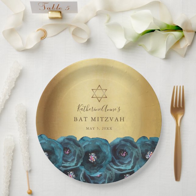Prato De Papel Elegant Teal Rose Floral Gold Bat Mitzvah (Casamento)