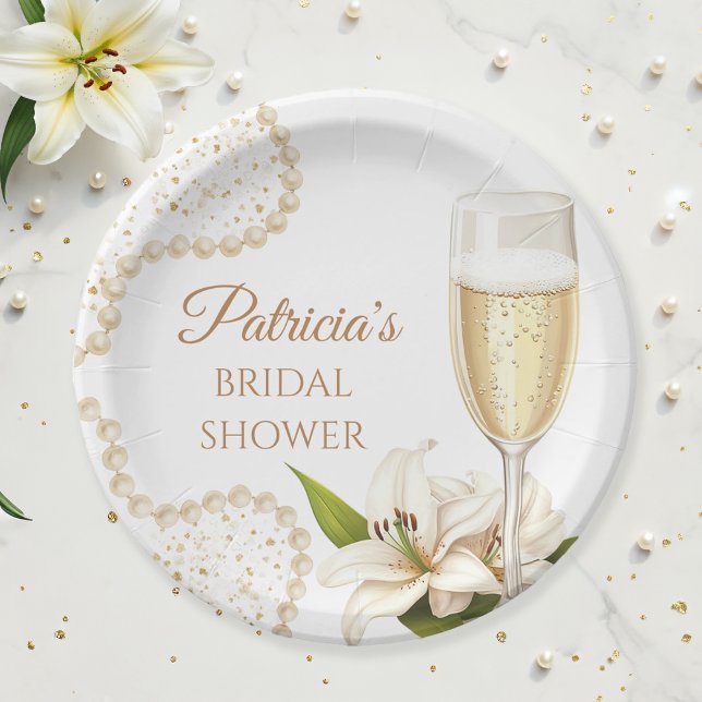 Prato De Papel Elegant Watercolor Pearls & Prosecco Bridal Shower (Criador carregado)